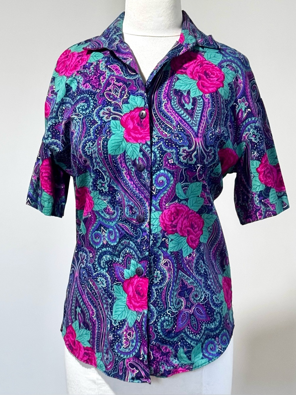 Vintage 80s 90s Just Me Paisley Cabbage Rose Shirt Soft Lightweight Rare Find